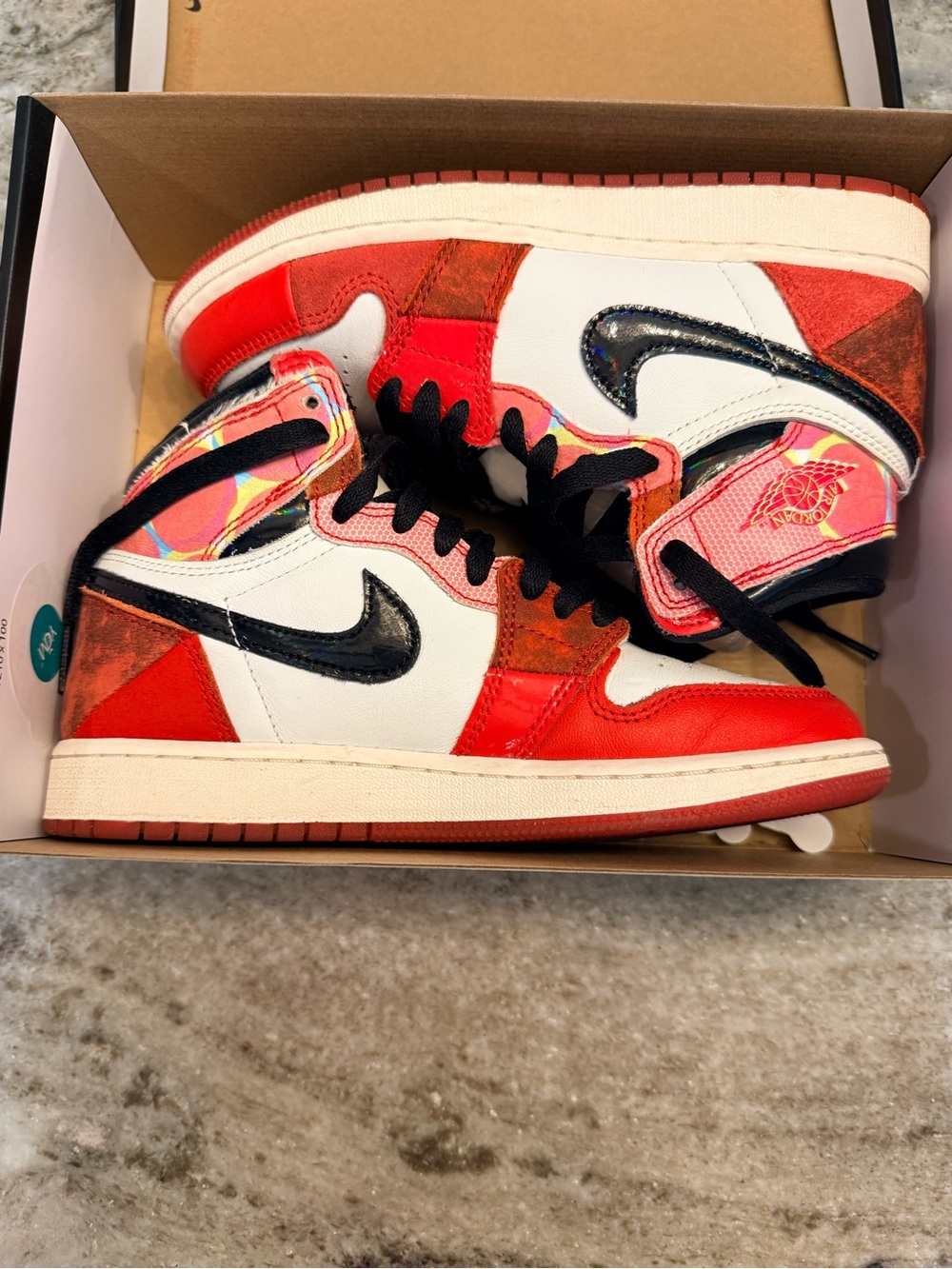 Nike Air Jordan kids 4Y “Spider-Man” 1 Mid Red White Black Iridescent